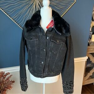 NWT Guess Dora Black Denim Jacket with Fur and Embellishments